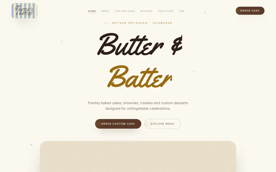 Butter & Batter bakery website homepage