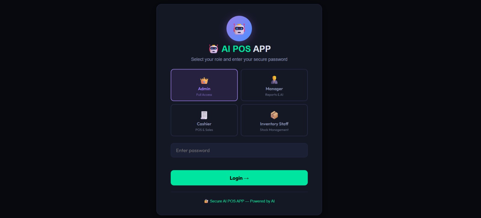 AI POS App — Secure Role Selection Portal